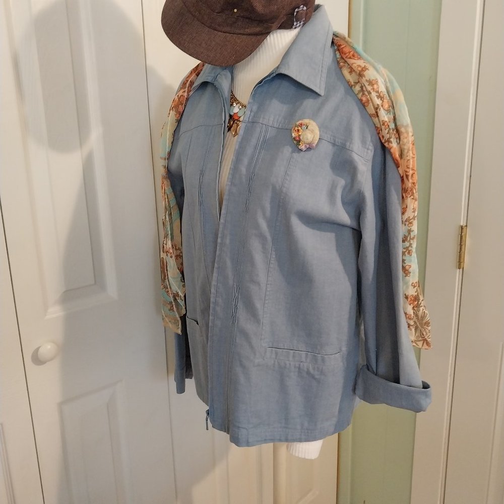 2570 Size 14 Lana Sport Upcycled Painted Zip Up Jean Jacket - Picture 3 of 7